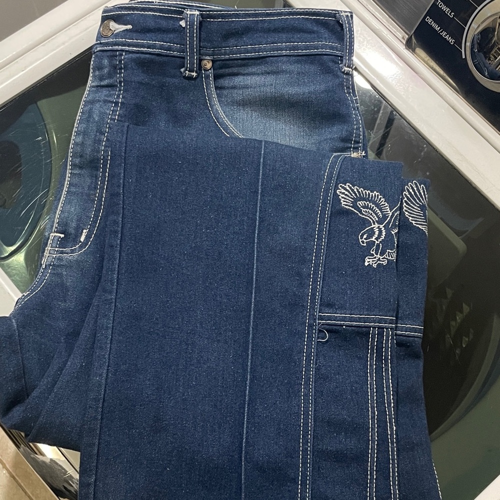 Sheplers Vintage Mens 70s Western mini bell dark denim jeans eagle embroidery